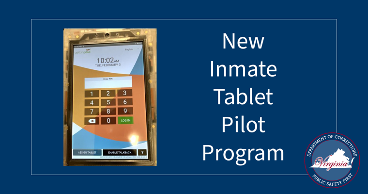 服刑人的VADOC表的图片，以及显示“New 服刑人 Tablet Pilot Program”的文字